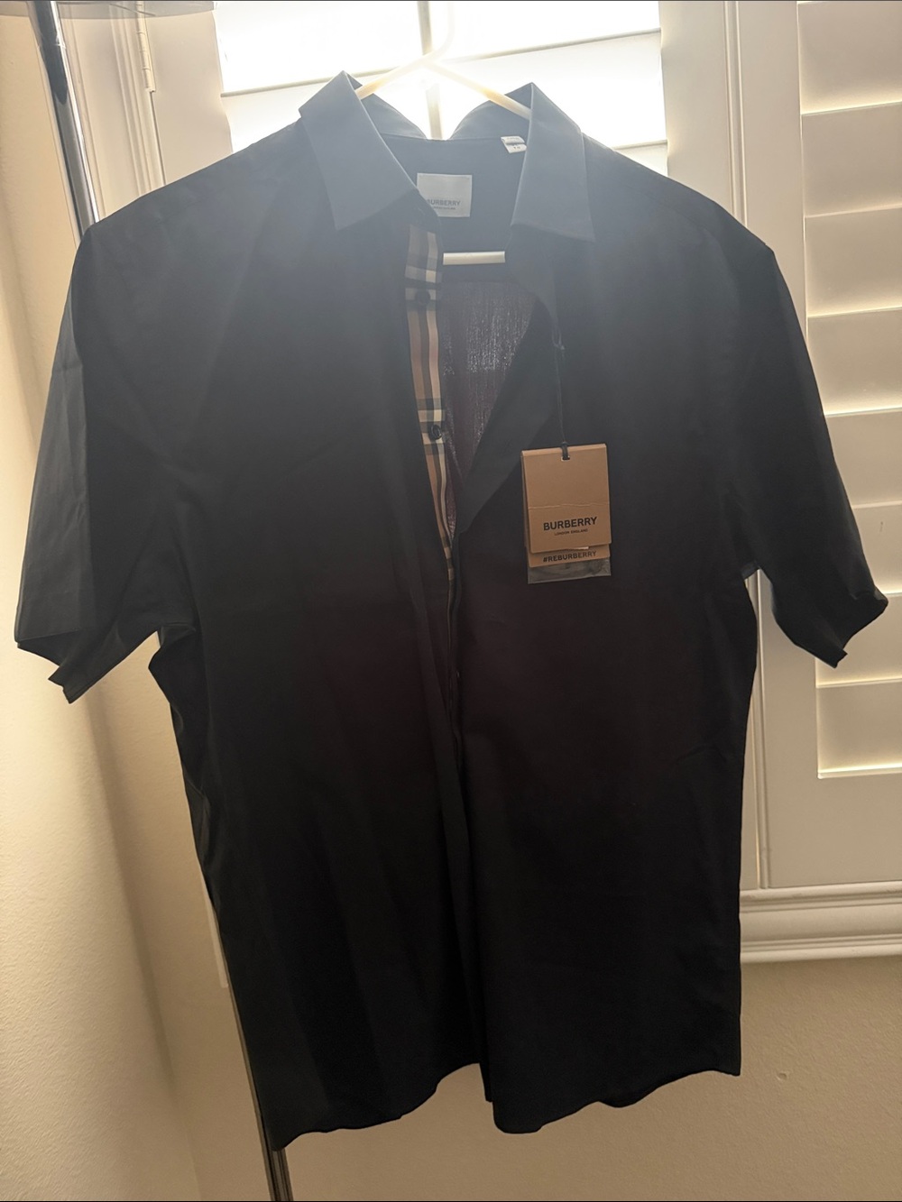 Burberry Black Short-Sleeve Button-Down Shirt with Signature Check Placket